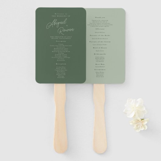 Waldgrünes elegantes Hochzeitsprogramm Fächer (Vorne und Hinten)