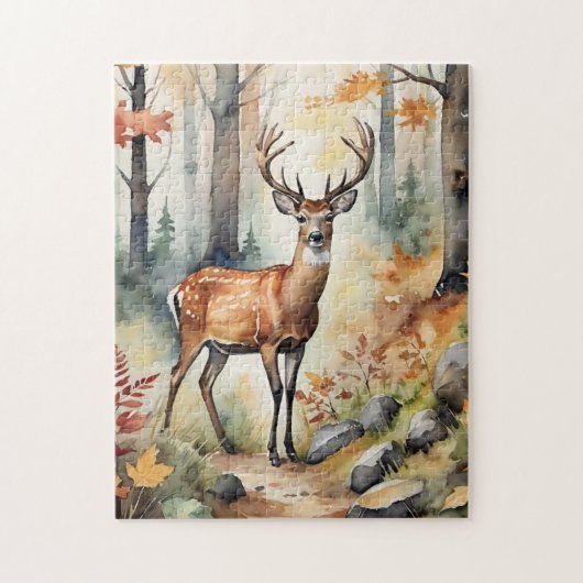 Waldhirsch-Aquarell-Fuchs Herbst Puzzle (Vertikal)