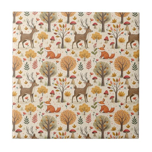 Waldhirsch & Fuchs Herbstwald Tiermuster Fliese (Vorderseite)