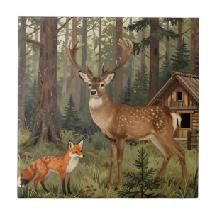 Waldhirsch-Fuchs-Waldhütte-Szene Fliese