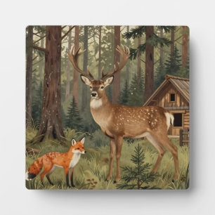 Waldhirsch-Fuchs-Waldhütte-Szene Fotoplatte