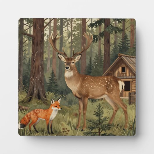 Waldhirsch-Fuchs-Waldhütte-Szene Fotoplatte (Vorderseite)