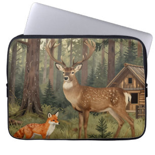 Waldhirsch-Fuchs-Waldhütte-Szene Laptopschutzhülle