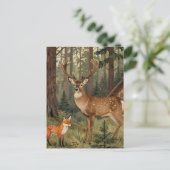 Waldhirsch-Fuchs-Waldhütte-Szene Postkarte (Stehend Vorderseite)