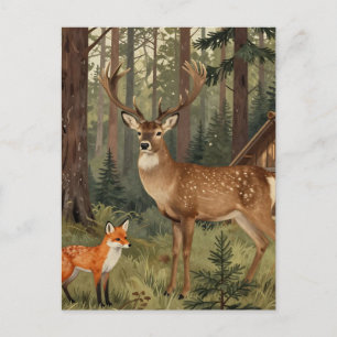 Waldhirsch-Fuchs-Waldhütte-Szene Postkarte