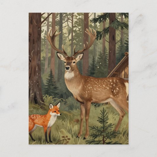 Waldhirsch-Fuchs-Waldhütte-Szene Postkarte (Vorderseite)