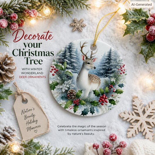 Waldhirsch-Weihnachtskranz Keramik Natur  Ornament