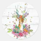 Waldhirsche mit Blumenkronen Runder Aufkleber (Vorderseite)