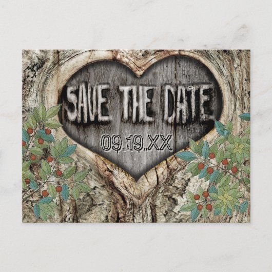 Waldhochzeit Rustikales Herz in Bäumen Save the Da Ankündigungspostkarte (Vorderseite)