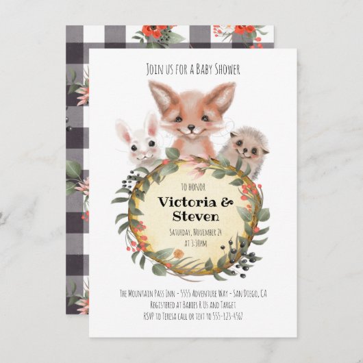 Waldholz Kinderdusche Aquarell Einladung (Vorne/Hinten)