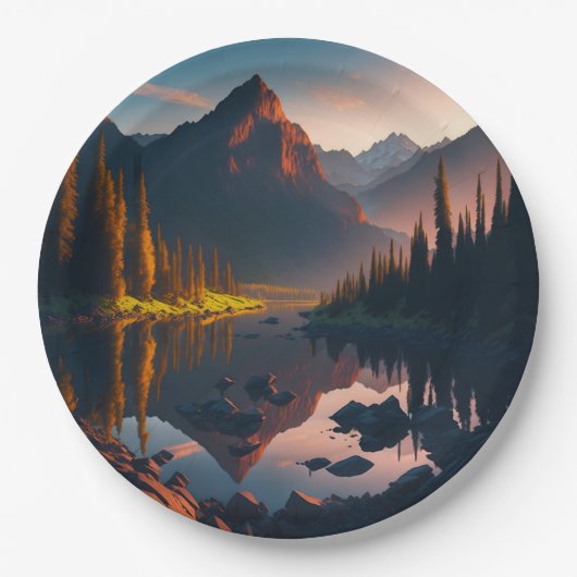 Waldhorizon mit Sonnenaufgang Pappteller (Vorderseite)