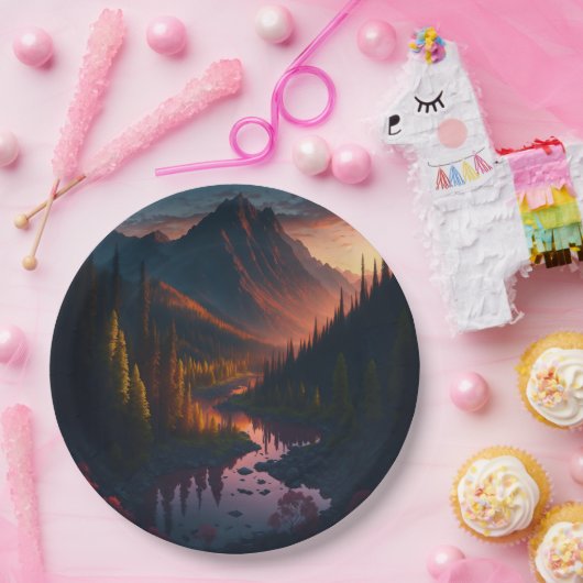 Waldhorizon mit Sonnenuntergang Pappteller (Party)
