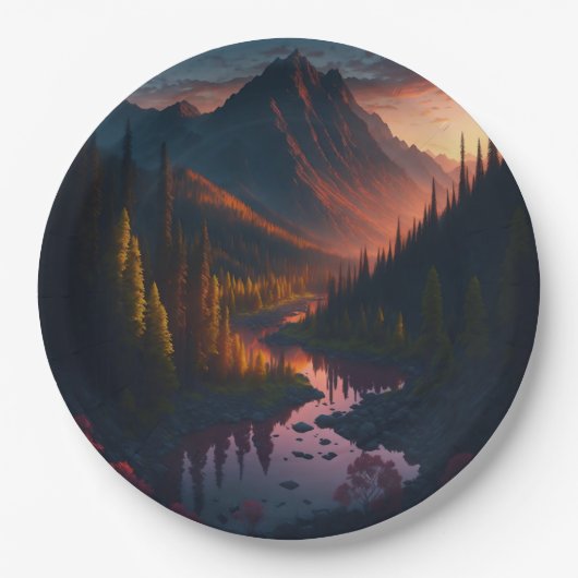 Waldhorizon mit Sonnenuntergang Pappteller (Vorderseite)