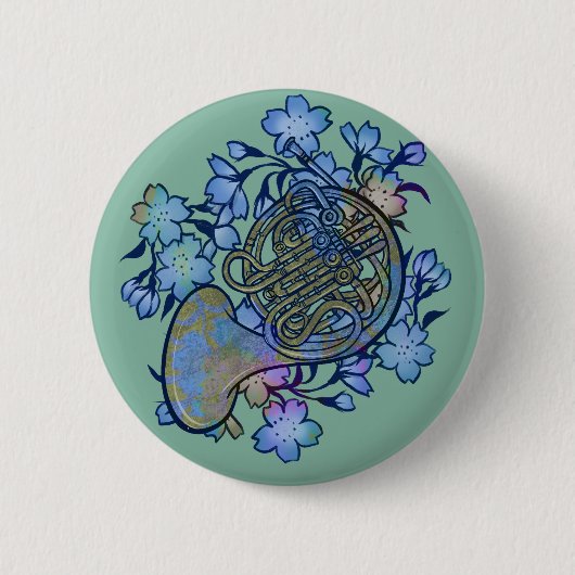 Waldhorn Blaue Blumen Band Klasse Button (Vorderseite)