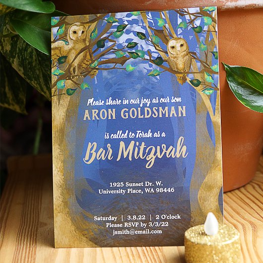 Waldhühner, Blauer, Beige Bar Mitzvah laden ein Einladung