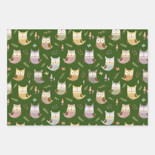Waldhühner-Muster, Kinder, grün braun und weiß Geschenkpapier Set (Vorderseite)