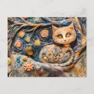 Waldkauz und Katze in einem Baum in Filztechnik ge Postkarte