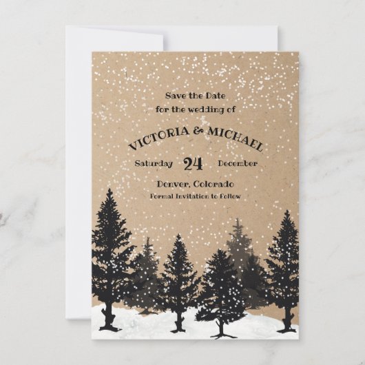 Waldkiefernbäume Winterschnee Save the Date Einladung (Vorderseite)