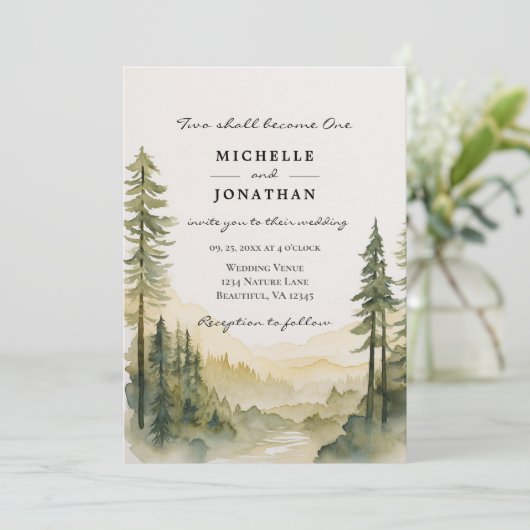 Waldkieferngebirge Christliche Hochzeit Einladung (Stehend Vorderseite)