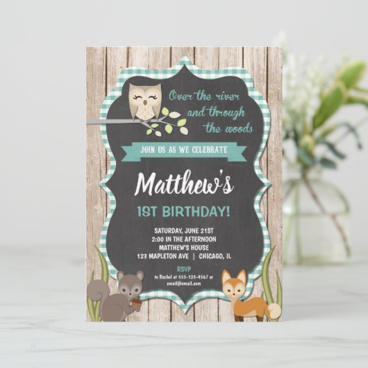 Waldland 1. Geburtstag Einladung Junge (Stehend Vorderseite)