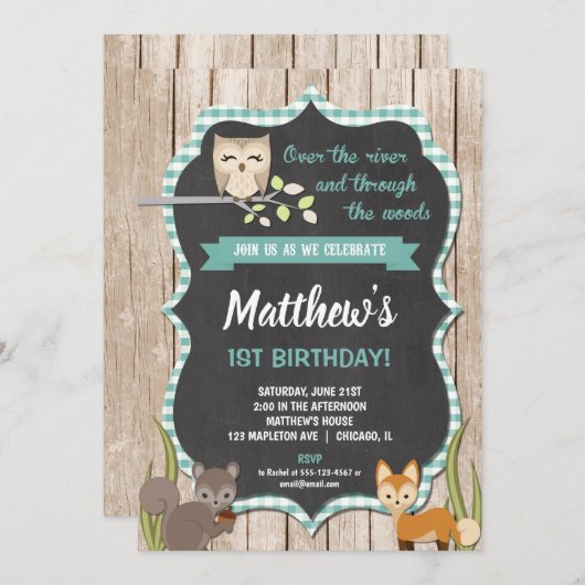 Waldland 1. Geburtstag Einladung Junge (Vorne/Hinten)