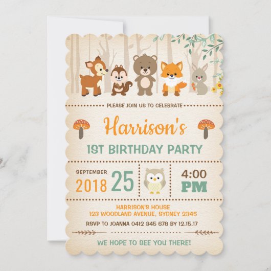 Waldland Birthday Invest Forest Animal Party Einladung (Vorderseite)