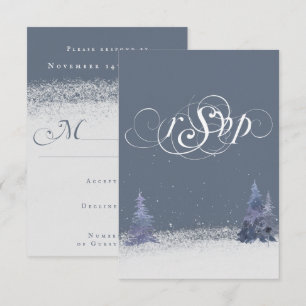 Waldland Dusty Blau und Weiß Winterschnee Hochzeit RSVP Karte