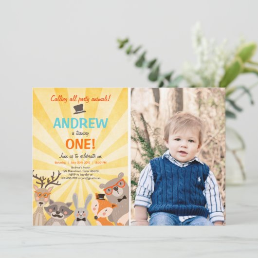 Waldland Erster Geburtstag Einladung Wald Hipster (Stehend Vorderseite)