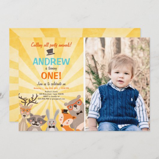 Waldland Erster Geburtstag Einladung Wald Hipster (Vorne/Hinten)