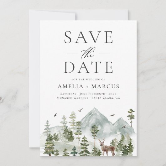 Waldland Evergreen Forest Save the Date Einladung (Vorderseite)