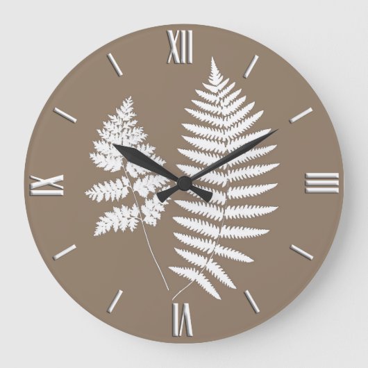 Waldland Fern Muster, Taupe Tan und Weiß Große Wanduhr (Vorderseite)