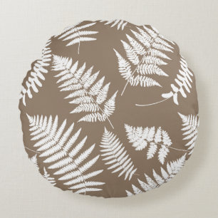 Waldland Fern Muster, Taupe Tan und Weiß Rundes Kissen