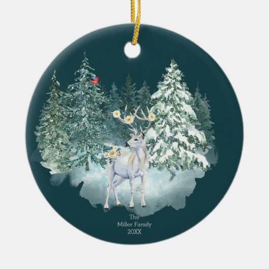 Waldland Hirsch Winterwald Keramik Ornament (Vorne)