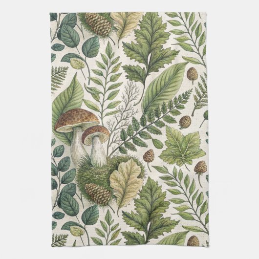 Waldland Pilze Pinecones Ferns Herbstmuster Geschirrtuch (Vertikal)