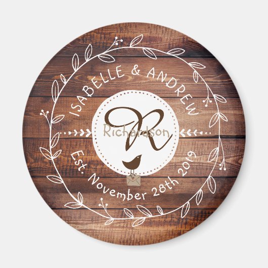 Waldland Wedding Monogram Wood Leaf Wreath Bird Magnet (Vorne)