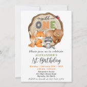 Waldland Wild ein Bärenfox Raccoon 1. Geburtstag Einladung (Vorderseite)