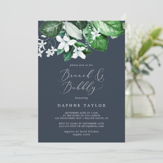 Waldlandgrün | Navy Blue Brunch and Bubbly Einladung (Stehend Vorderseite)