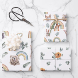 Waldlandgrün | Waldtiere und Regenbogen Geschenkpapier Set