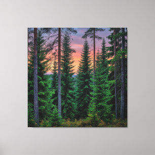 Waldlandschaft bei Sonnenuntergang mit üppigem Grü Leinwanddruck