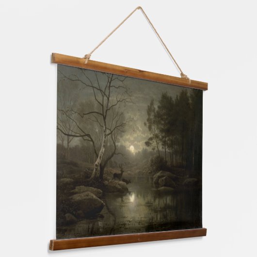 Waldlandschaft durch Mondlicht Wandteppich Mit Holzrahmen (Gewinkelt)