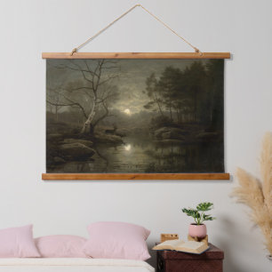 Waldlandschaft durch Mondlicht Wandteppich Mit Holzrahmen