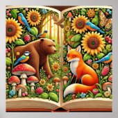 Waldlandschaft mit Bären, Fox, Sonnenblumen Poster (Vorne)