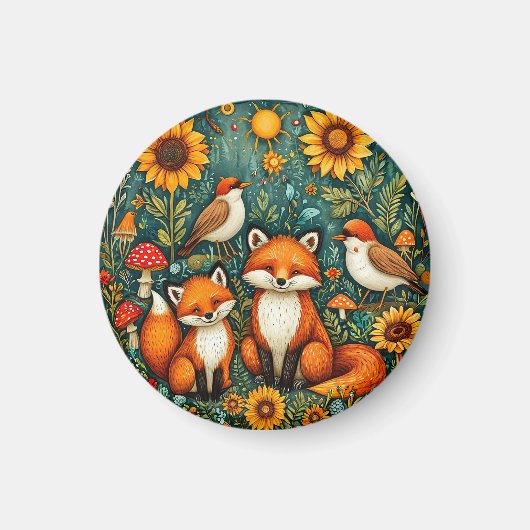 Waldlandschaft mit Füchse, Vögel, Sonnenblumen Magnet (Vorne)