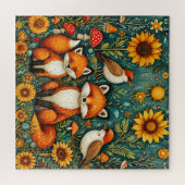 Waldlandschaft mit Füchse, Vögel, Sonnenblumen Puzzle (Horizontal)