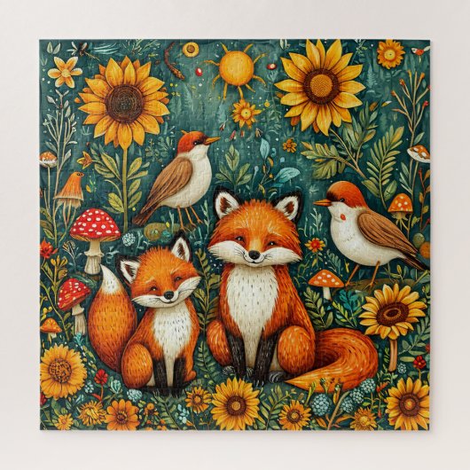 Waldlandschaft mit Füchse, Vögel, Sonnenblumen Puzzle (Vertikal)