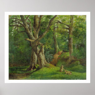 Waldlandschaft mit Kaninchen, 1862 (Öl auf Leinwan Poster