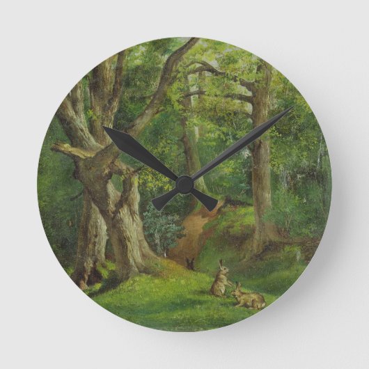 Waldlandschaft mit Kaninchen, 1862 (Öl auf Leinwan Runde Wanduhr (Vorderseite)