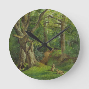 Waldlandschaft mit Kaninchen, 1862 (Öl auf Leinwan Runde Wanduhr