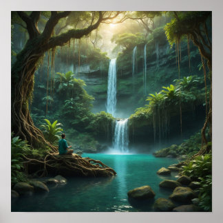 Waldlandschaft mit Wasserfall Poster