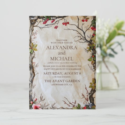Waldlandschaft Rustikale Botanische Hochzeit Einladung (Stehend Vorderseite)